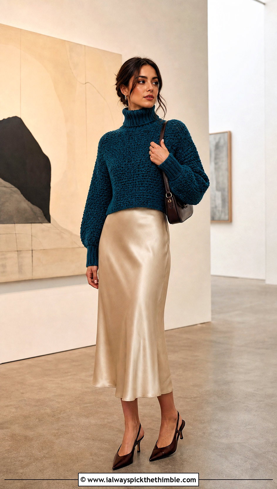Cropped Roll Neck Crochet Turtleneck Sweater With Satin Midi Skirt - 20 crochet turtleneck sweater outfit ideas