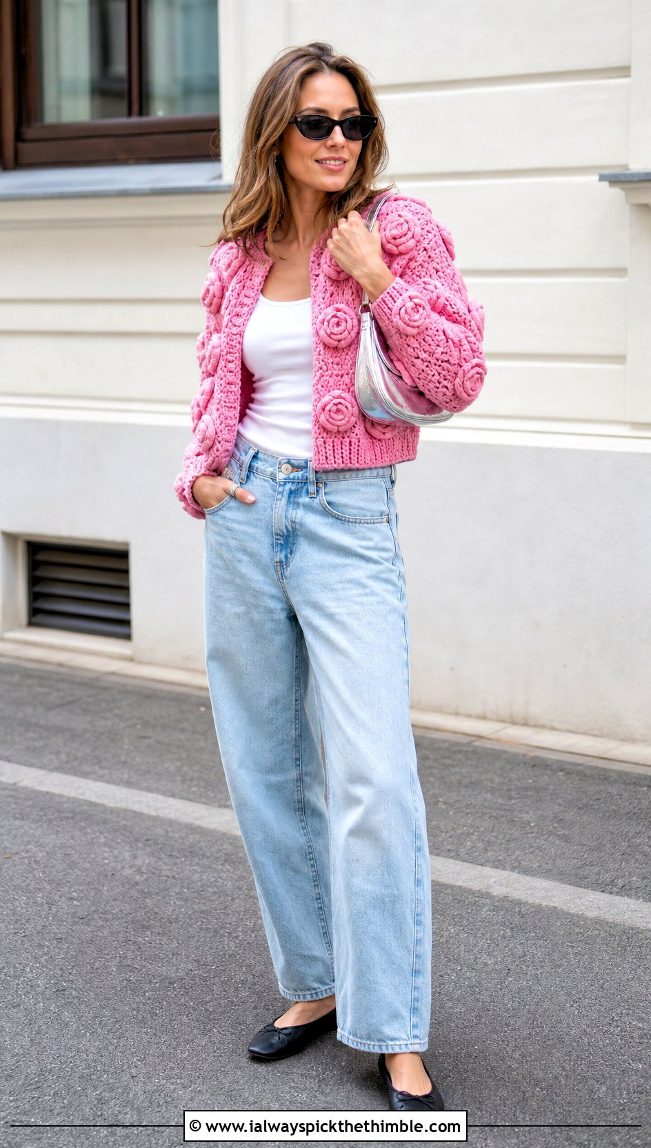 Cropped Rosette Cardigan With Barrel Jeans - 20 crochet flower cardigan outfit ideas