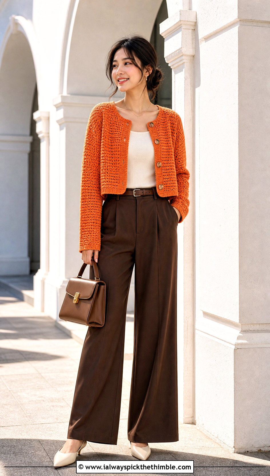Cropped Round Crochet Cardigan With High Waisted Trousers - 25 round crochet cardigan outfit ideas