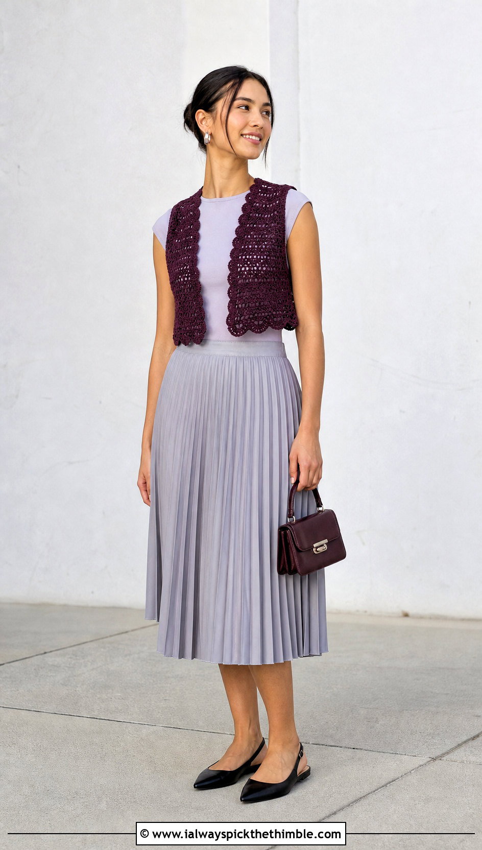 Cropped Scallop Crochet Shawl Vest With Pleated Midi Skirt - 20 crochet shawl vest outfit ideas
