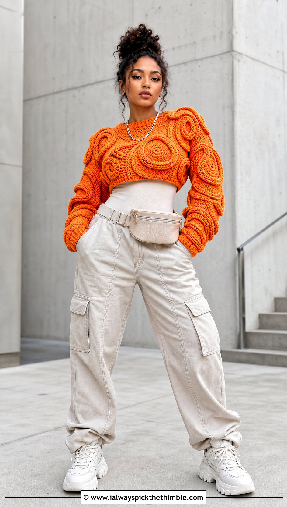 Cropped Sculptural Freeform Crochet Sweater With Cargo Pants - 20 freeform crochet sweater outfit ideas