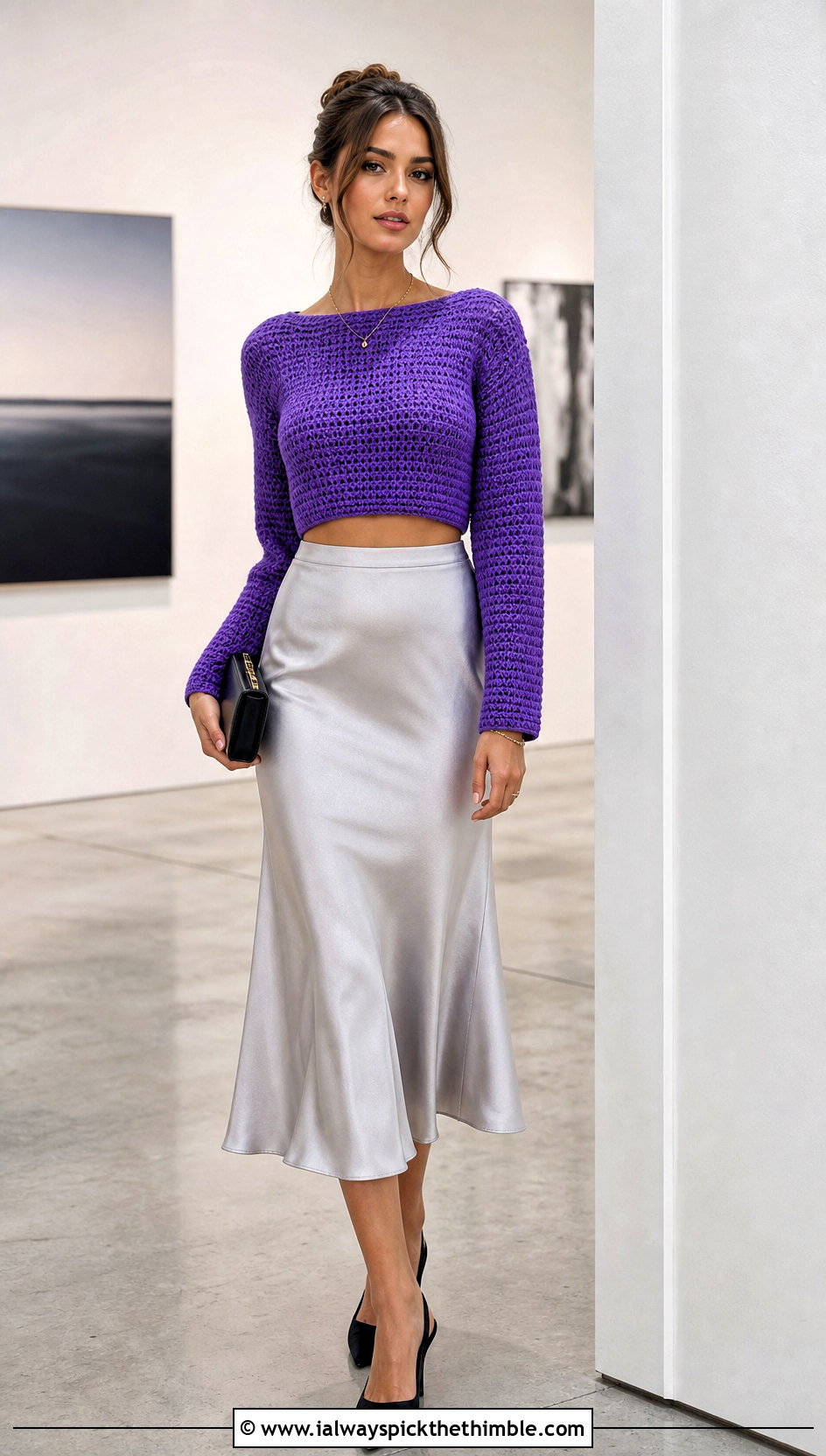 Cropped Seamless Crochet Sweater With Satin Midi Skirt - 20 Seamless Crochet Sweater outfit ideas