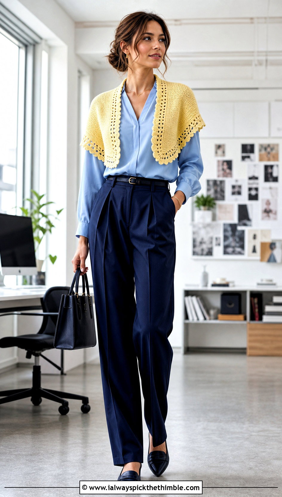 Cropped Shawlette With High Waisted Trousers - 25 crochet wrap shawl outfit ideas