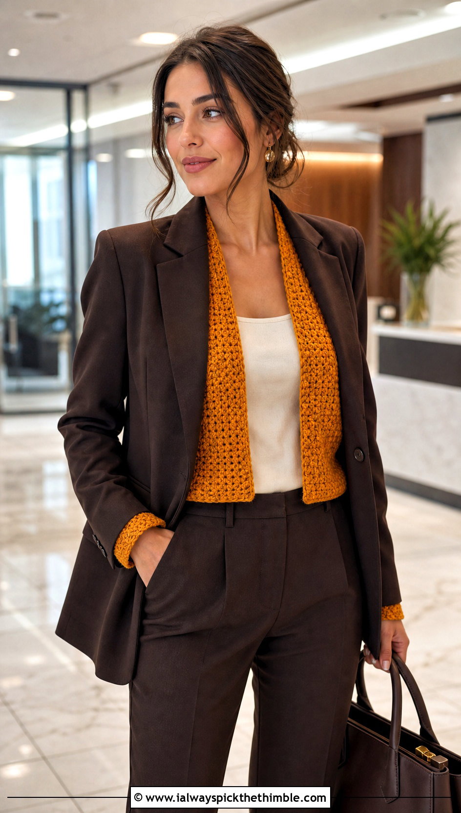 Cropped Shrug Style Sleeved Crochet Scarf With Suit - 20 Sleeved Crochet Scarf outfit ideas