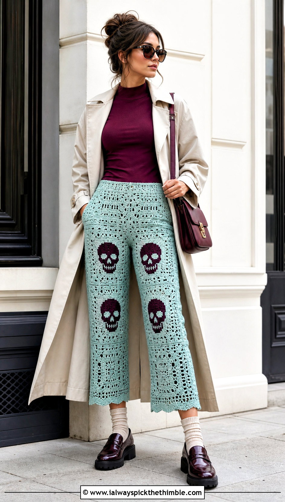 Cropped Skull Crochet Pants With Trench Coat - 15 Skull Crochet Pants outfit ideas