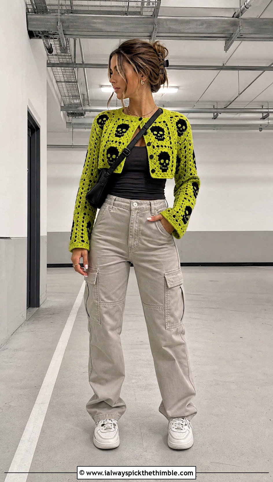 Cropped Skull Granny Square Cardigan With Cargo Pants - 20 skull granny square cardigan outfit ideas