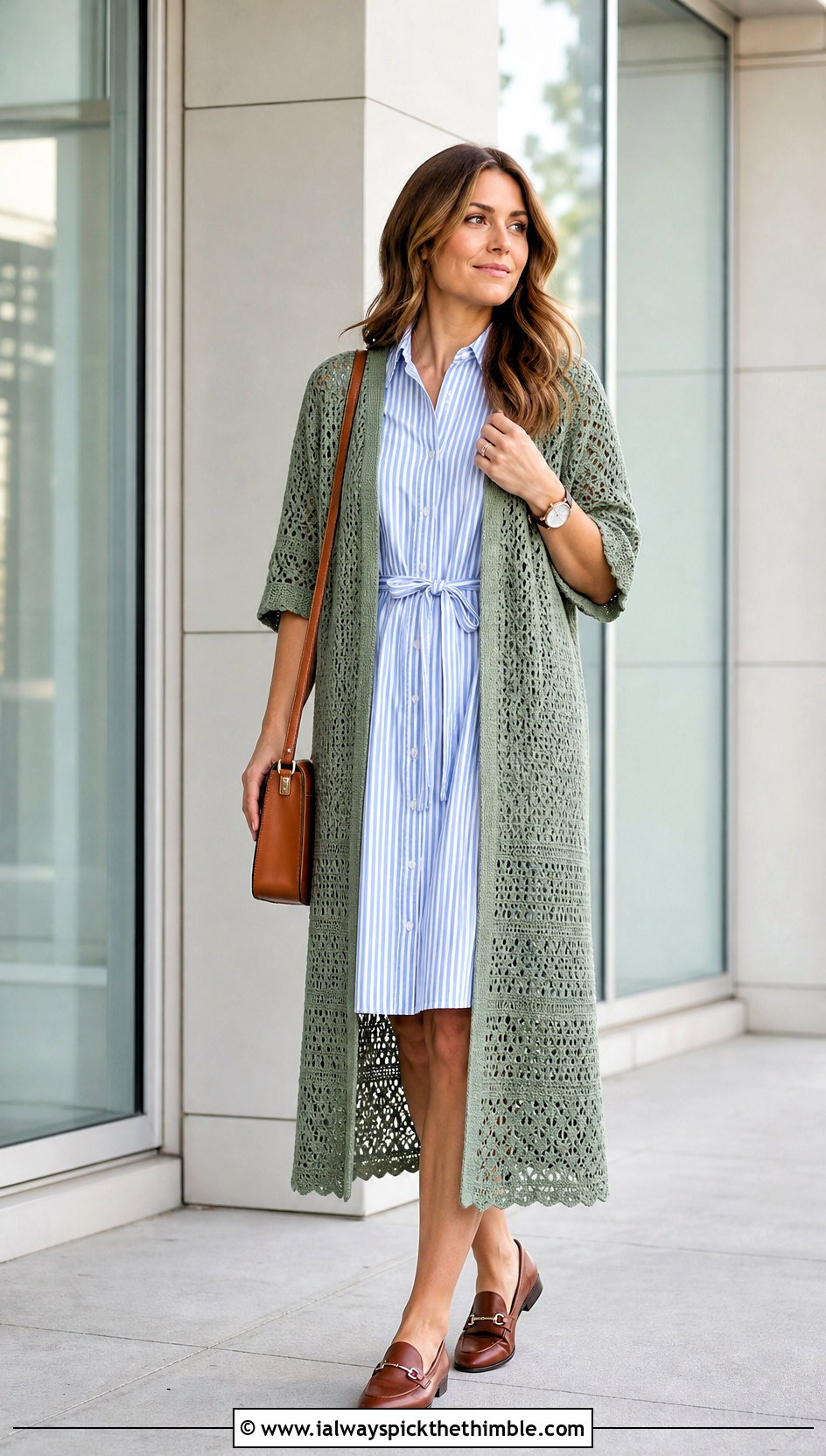 Cropped Sleeve Crochet Duster With Shirt Dress And Loafers - 20 Easy Crochet Duster outfit ideas