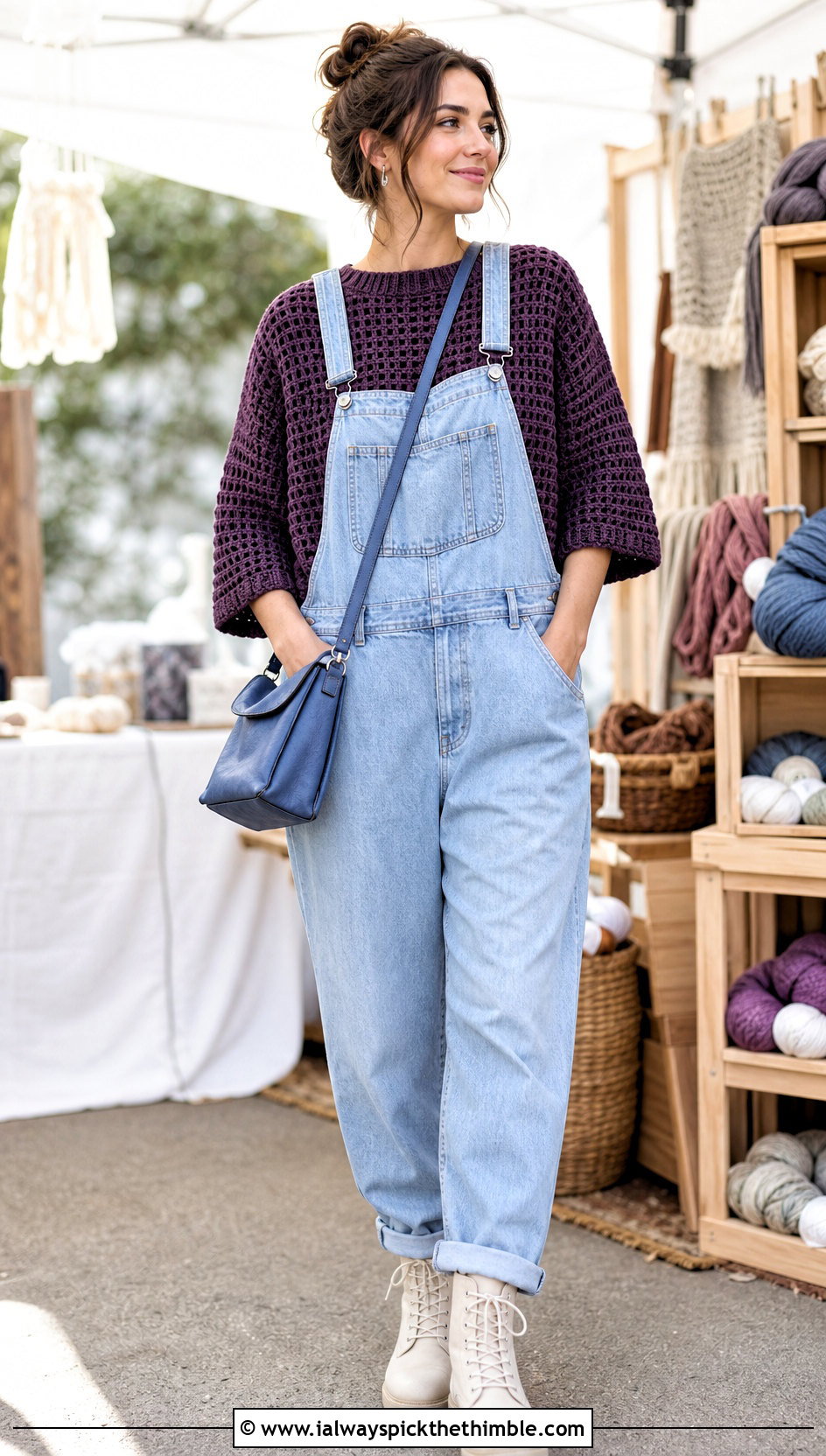 Cropped Sleeve Crochet Waffle Sweater With Overalls - 15 Crochet Waffle Sweater outfit ideas