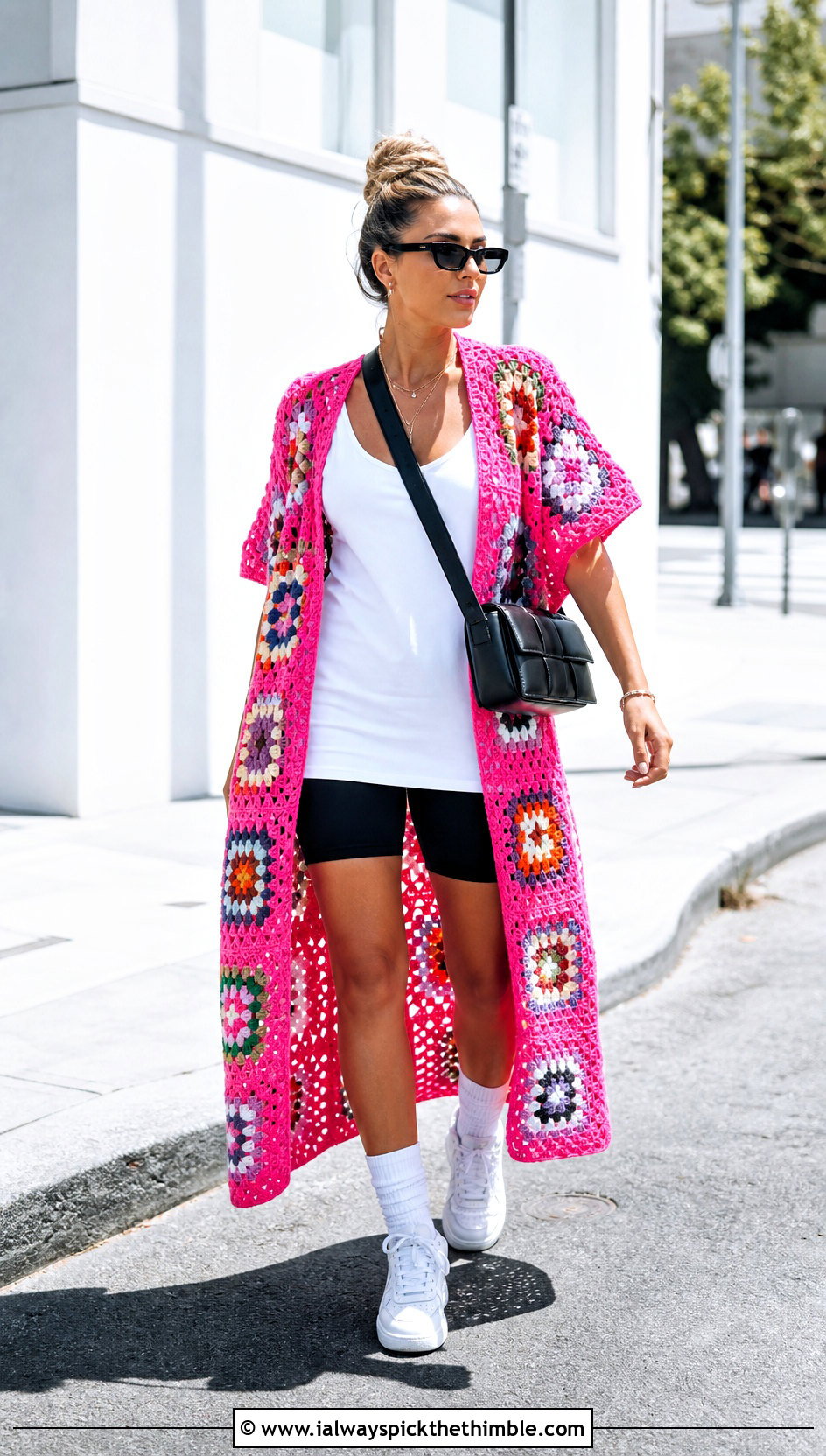 Cropped Sleeve Granny Square Duster With Bike Shorts - 25 granny square duster outfit ideas