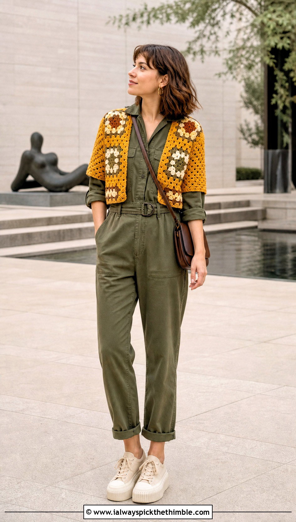 Cropped Sleeve Granny Square Shrug With Utility Jumpsuit - 20 Crochet Granny Shrug outfit ideas