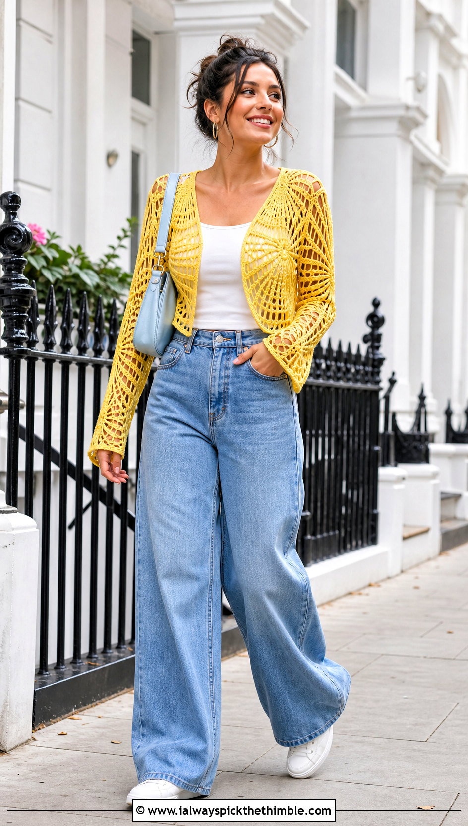 Cropped Spider Web Cardigan With Wide Leg Jeans - 20 Crochet Spider Web Cardigan outfit ideas