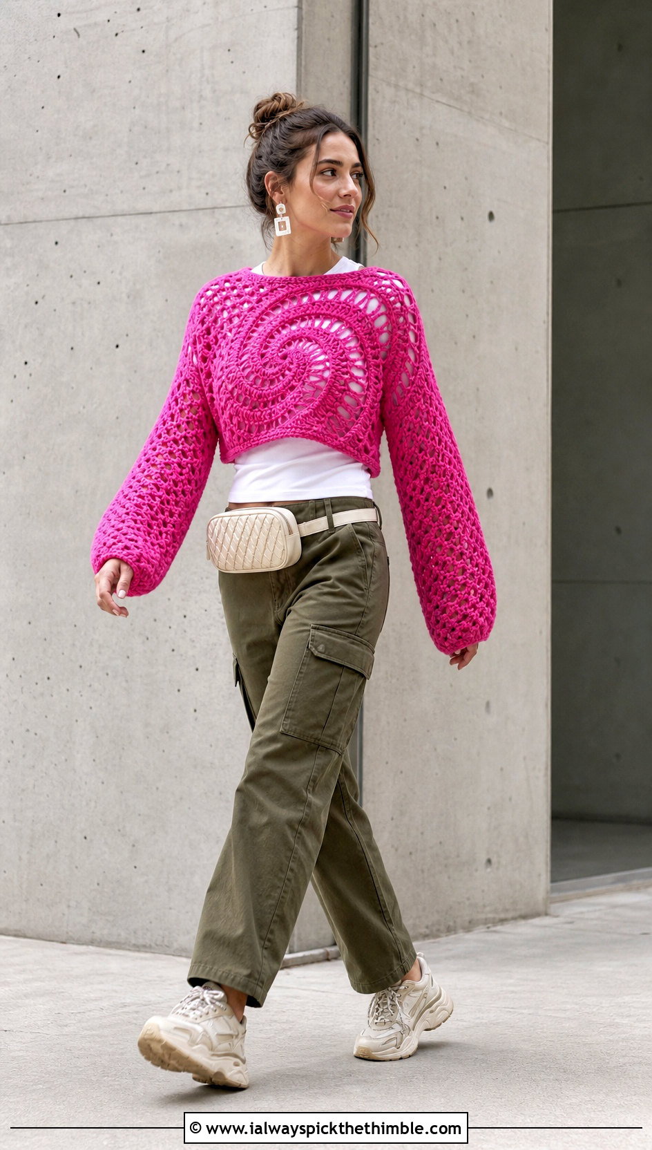Cropped Spiral Crochet Sweater With Cargo Pants - 25 spiral crochet sweater outfit ideas