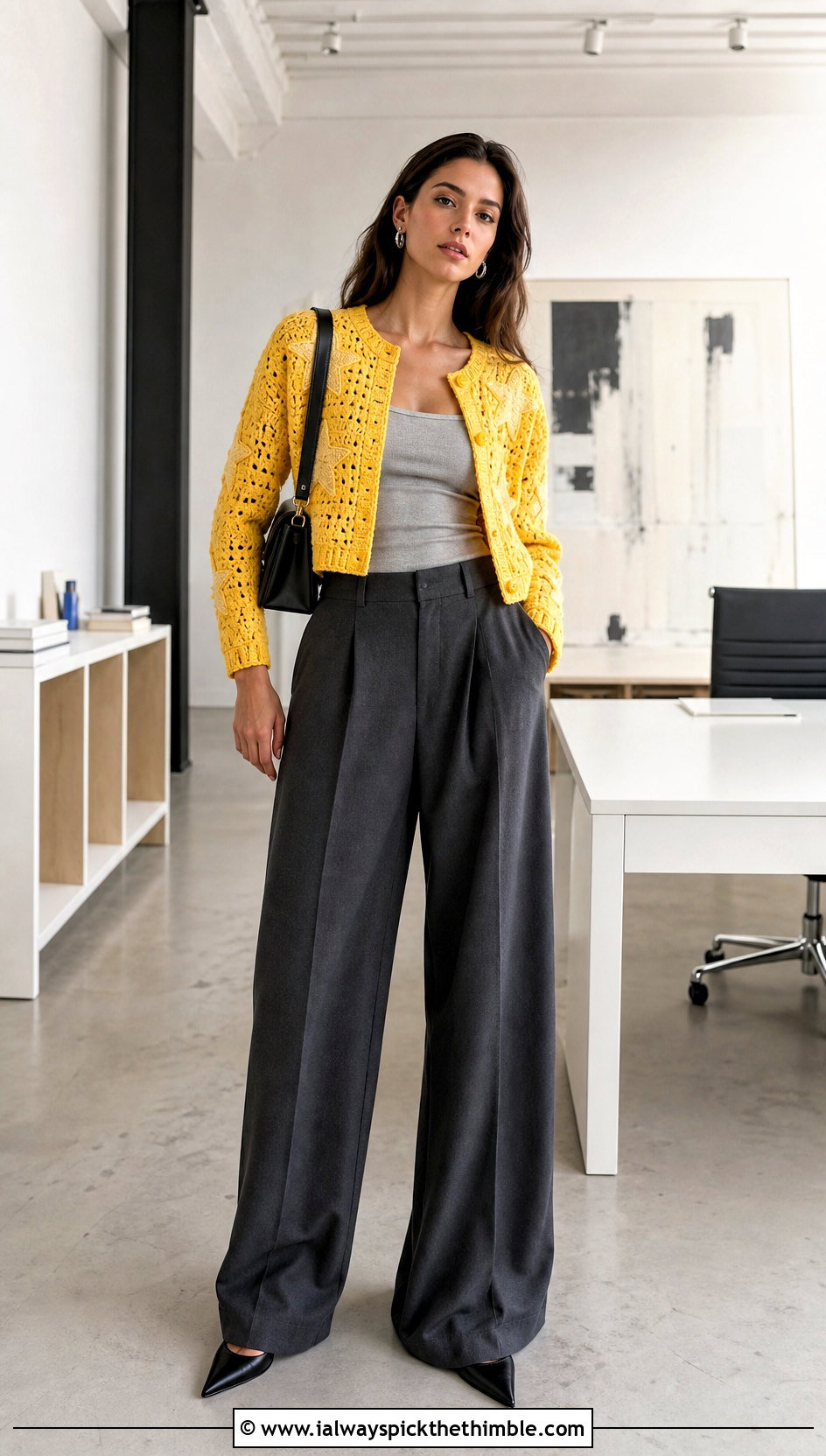 Cropped Star Patch Folklore Crochet Cardigan With Wide Leg Trousers - 20 Taylor Swift Folklore Crochet Cardigan outfit ideas