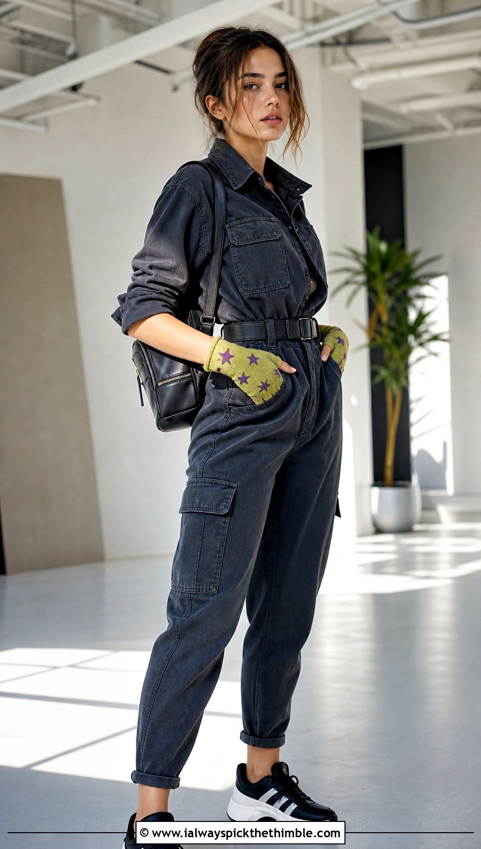 Cropped Star Wrist Gloves With Utility Jumpsuit - 25 crochet star gloves outfit ideas
