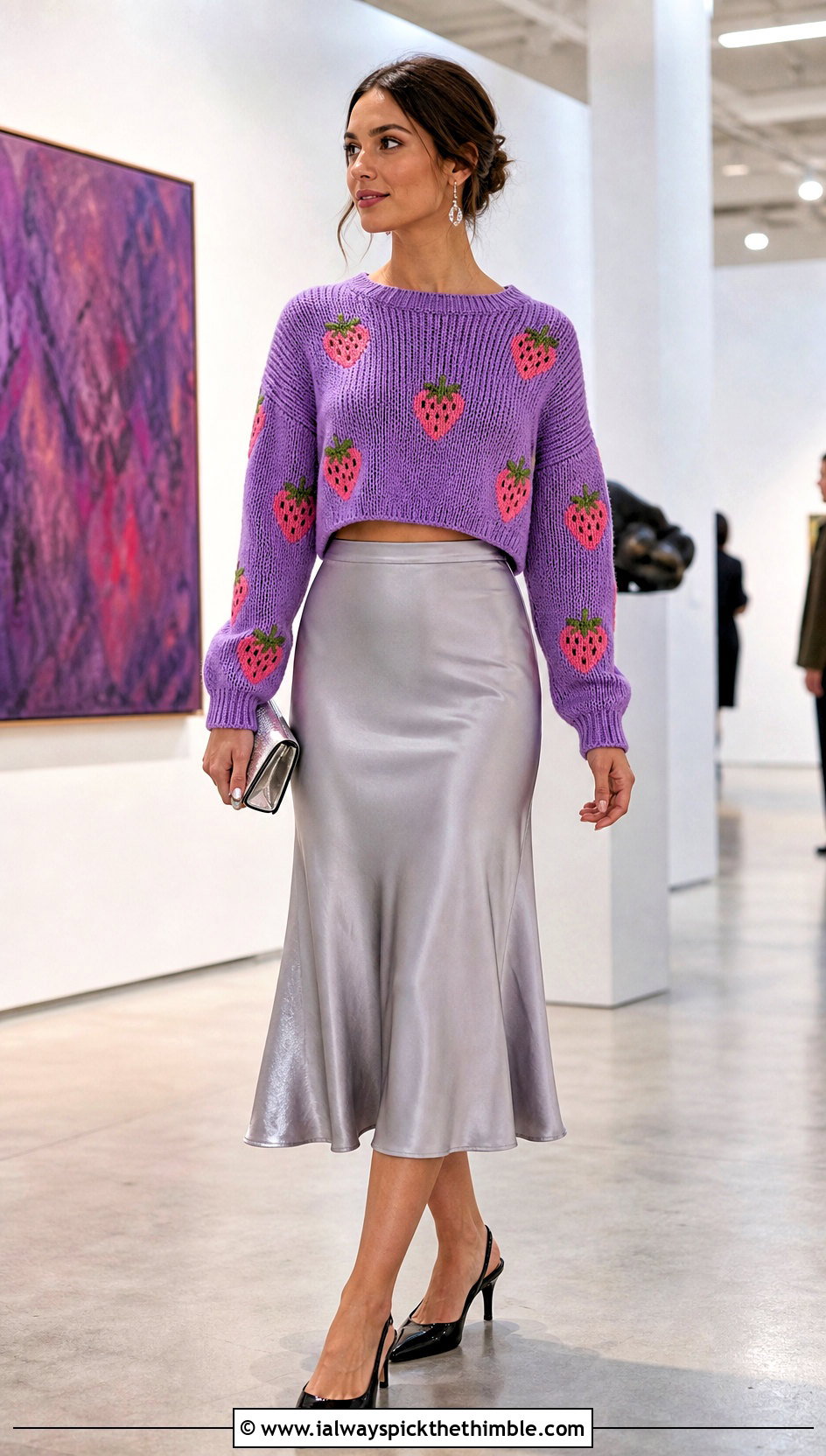 Cropped Strawberry Crochet Sweater With Satin Midi Skirt - 15 Strawberry Crochet Sweater outfit ideas