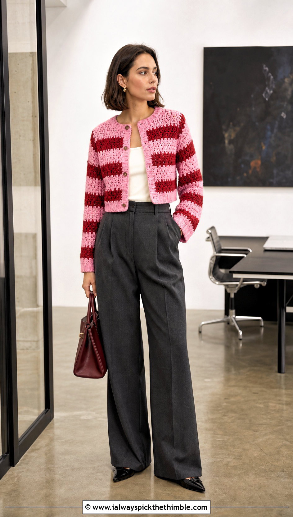 Cropped Stripe Crochet Cardigan With Tailored Trousers - 25 crochet striped cardigan outfit ideas