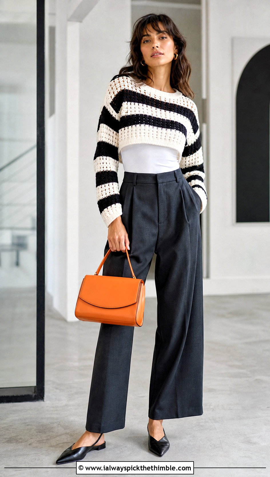 Cropped Striped Crochet Sweater With Wide Leg Trousers - 20 black and white striped crochet sweater outfit ideas