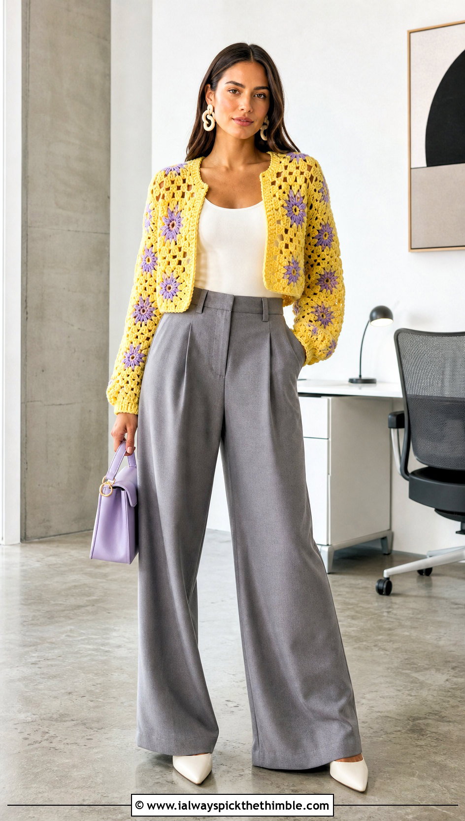 Cropped Sunburst Big Granny Square Cardigan With Wide Leg Trousers - 25 Big Granny Square Cardigan outfit ideas