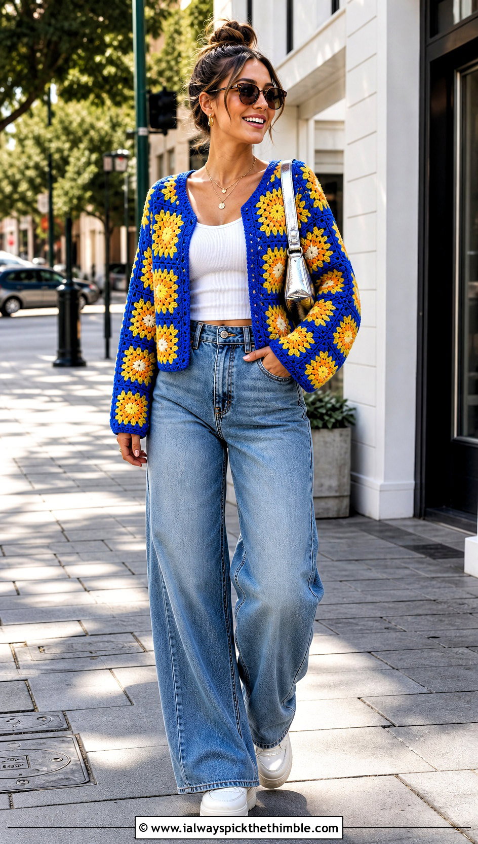 Cropped Sunburst Granny Square Cardigan With Wide Leg Jeans - 25 sunburst granny square cardigan outfit ideas