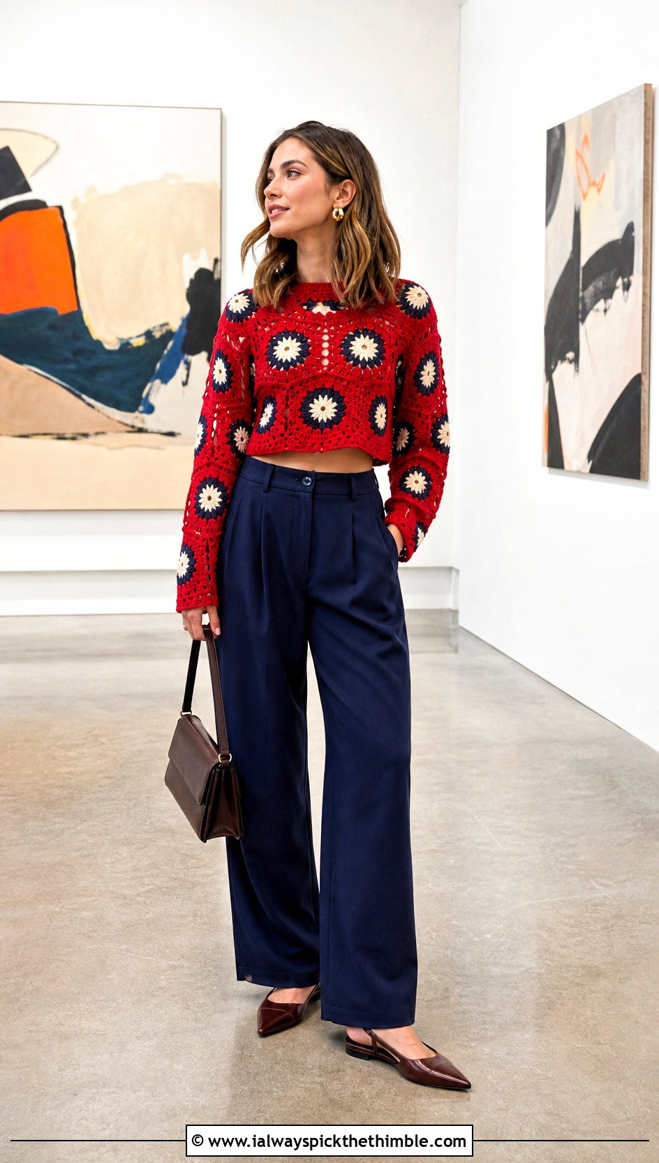 Cropped Sunburst Granny Square Jumper With Wide Leg Trousers - 25 crochet granny square jumper outfit ideas