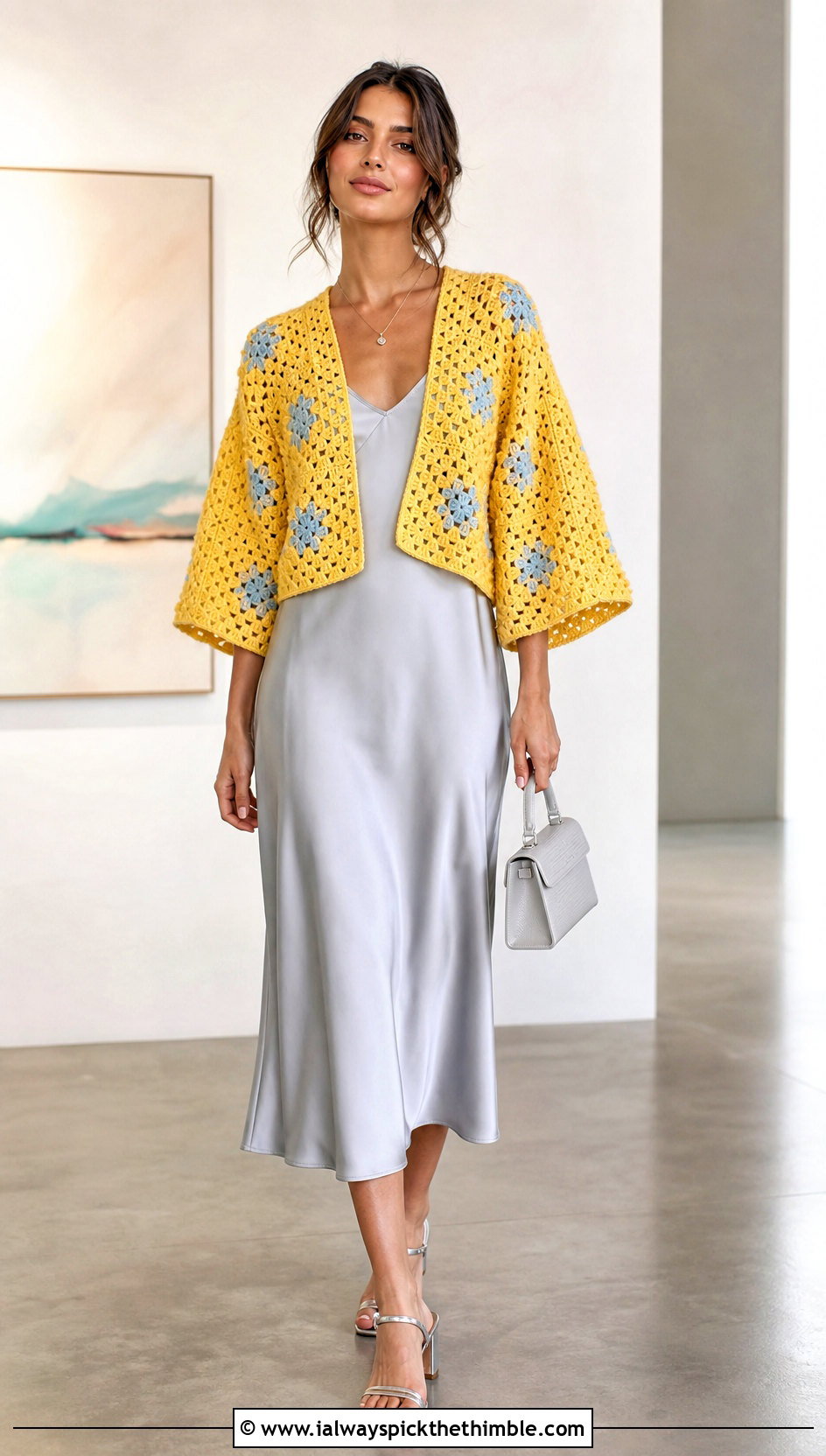 Cropped Sunburst Granny Square Kimono With Slip Dress - 20 granny square kimono outfit ideas