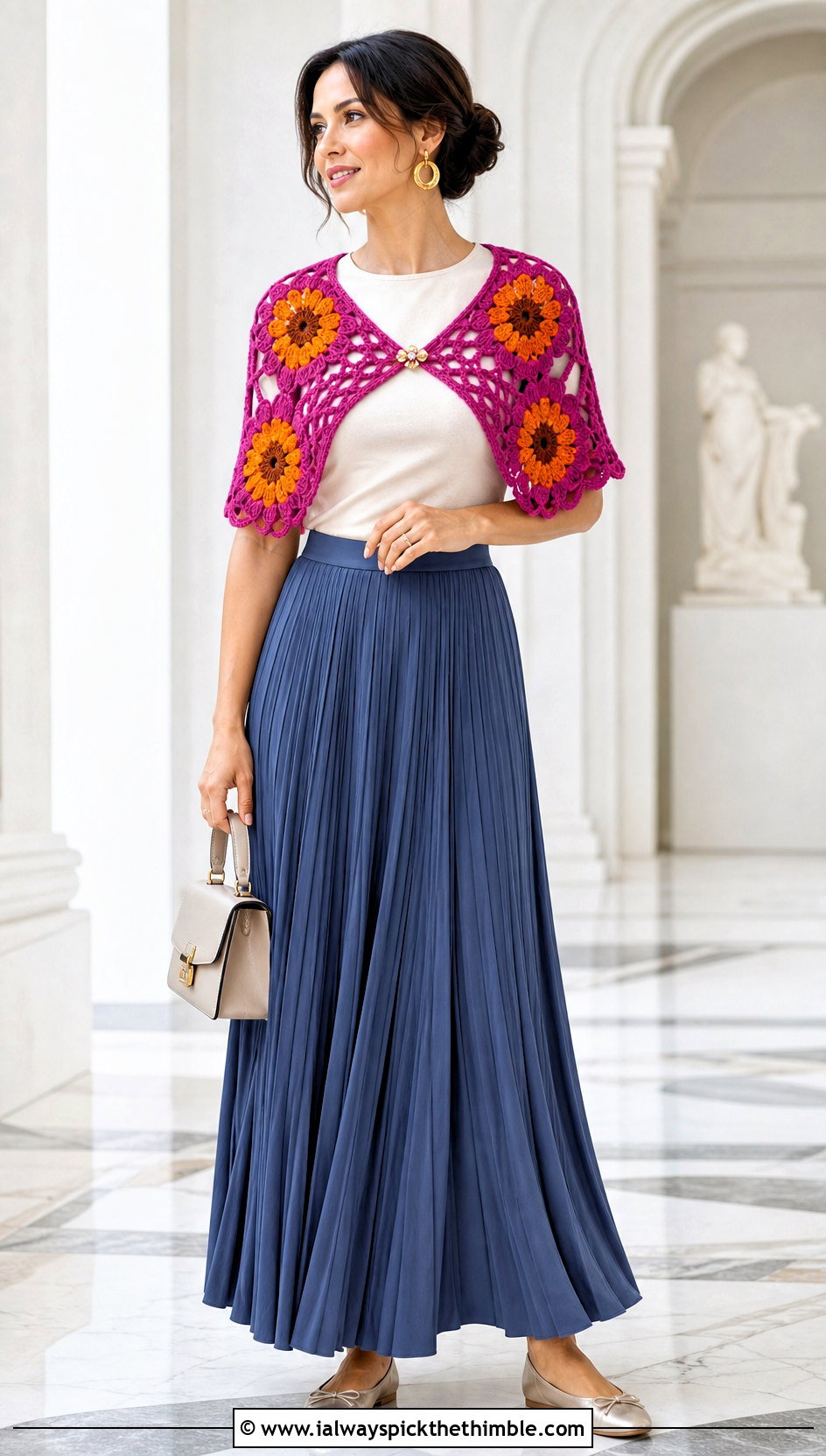 Cropped Sunflower Crochet Shoulder Shawl With Pleated Maxi Skirt - 20 Sunflower Crochet Shawl outfit ideas