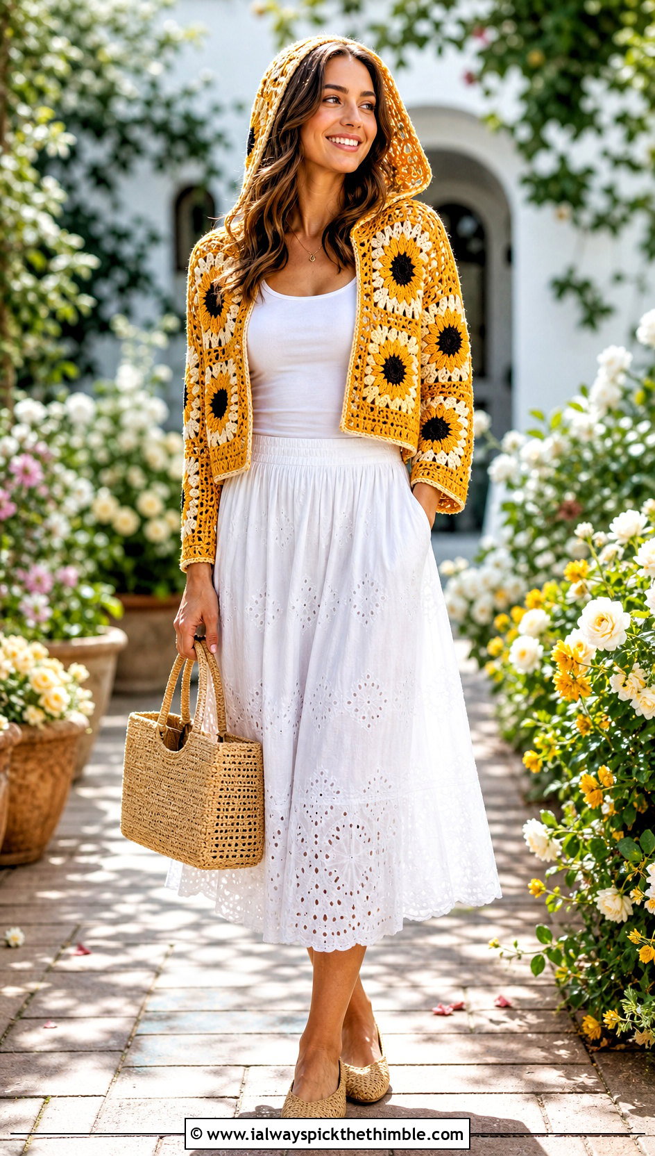 Cropped Sunflower Granny Square Hooded Cardigan With Eyelet Skirt - 20 Granny Square Hooded Cardigan outfit ideas