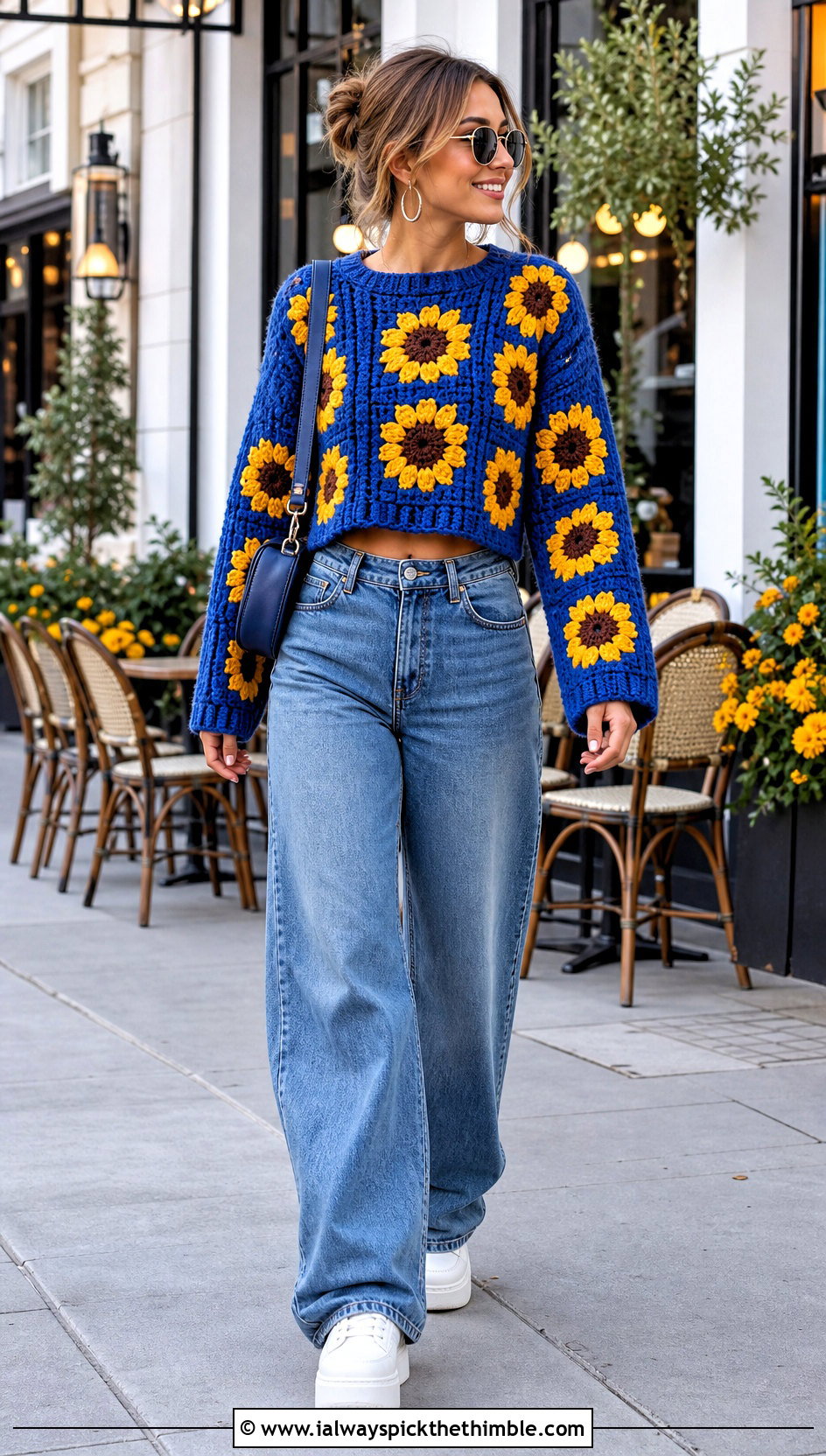 Cropped Sunflower Granny Square Pullover Sweater With Wide Leg Jeans - 15 Sunflower Granny Square Pullover Sweater outfit ideas
