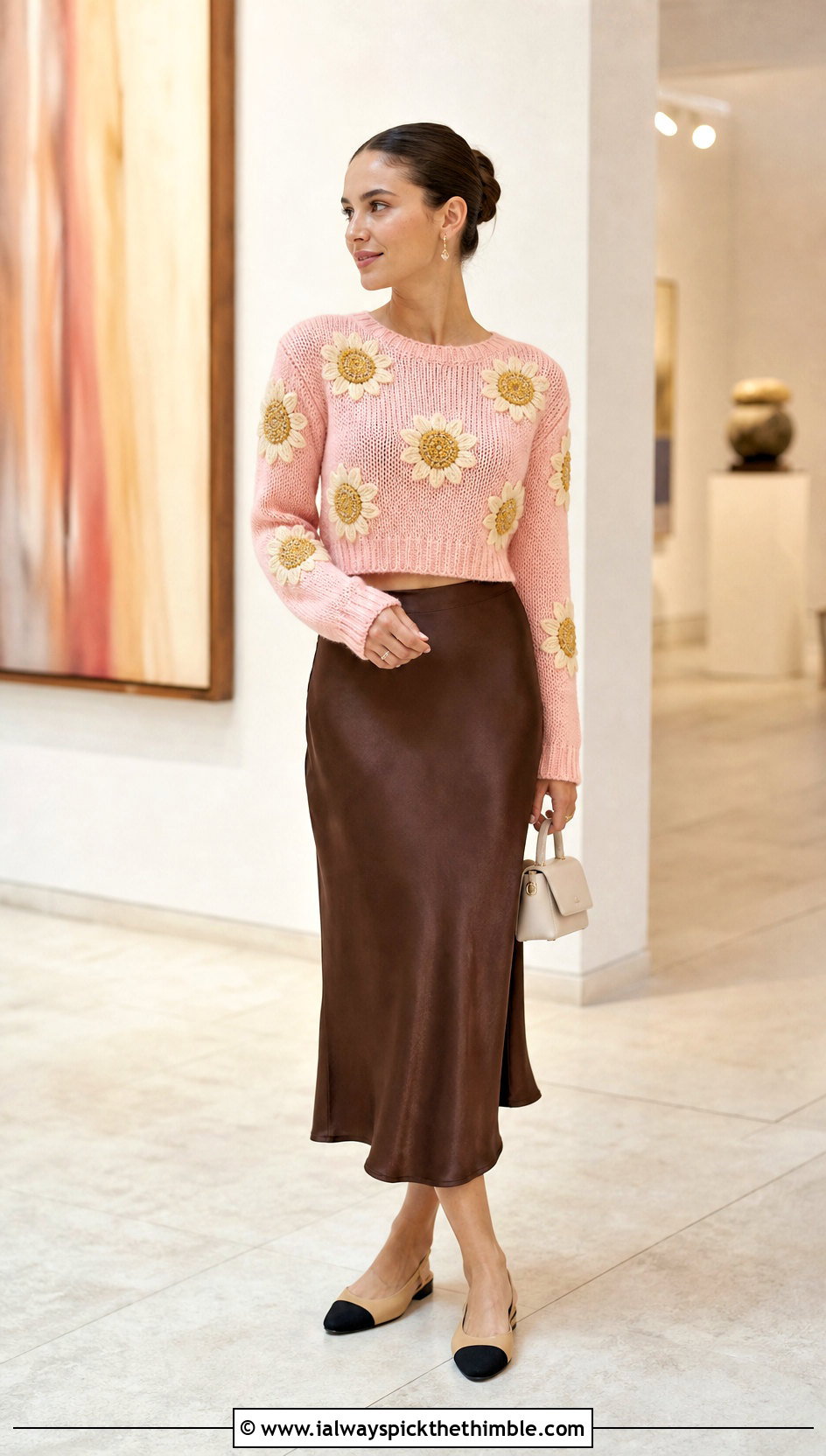 Cropped Sunflower Sweater With Satin Midi Skirt - 25 crochet sunflower sweater outfit ideas