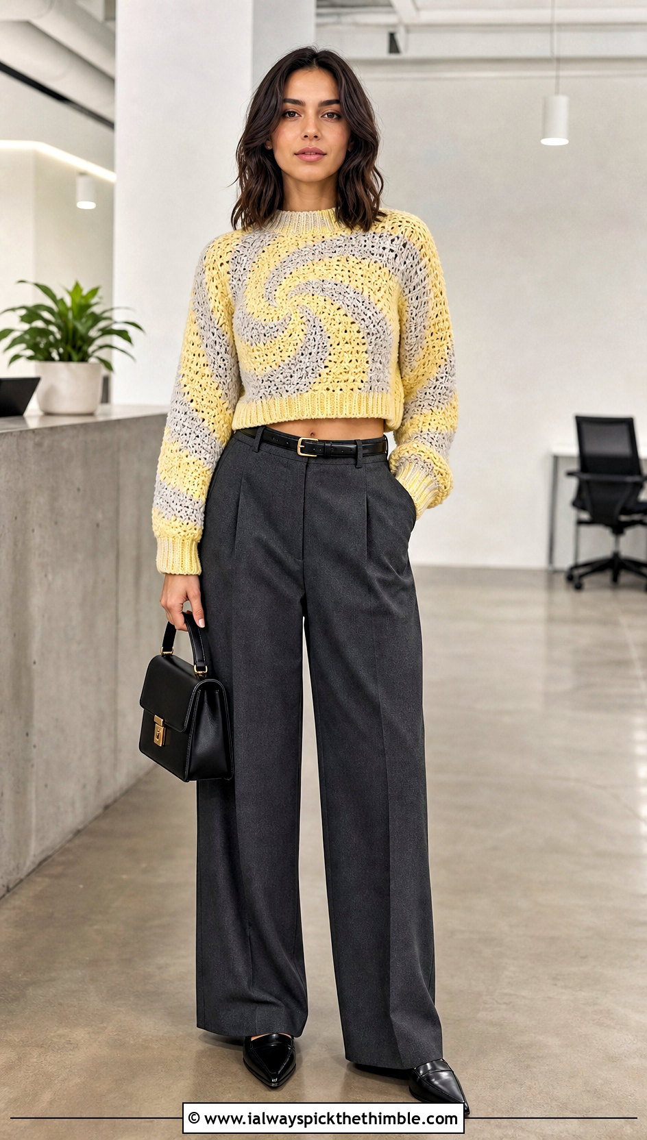 Cropped Swirl Crochet Sweater With Wide Leg Trousers - 20 swirl crochet sweater outfit ideas