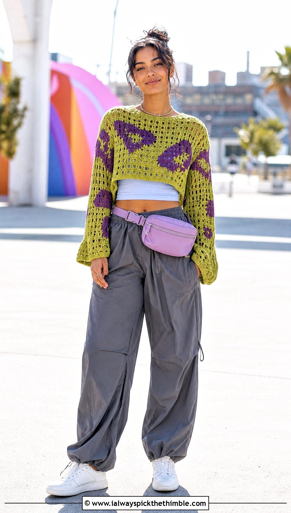 Cropped Tapestry Crochet Jumper With Parachute Pants - 20 Tapestry Crochet Jumper outfit ideas