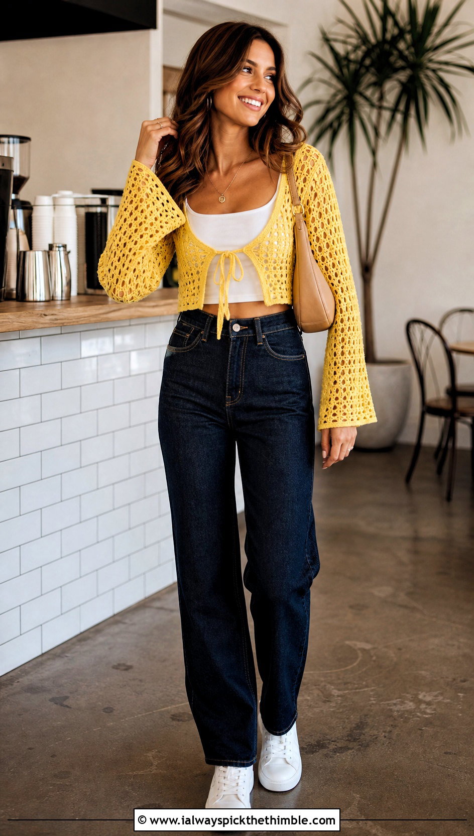 Cropped Tie Front Crochet Bell Sleeve Cardigan With Straight Leg Jeans - 20 crochet bell sleeve cardigan outfit ideas