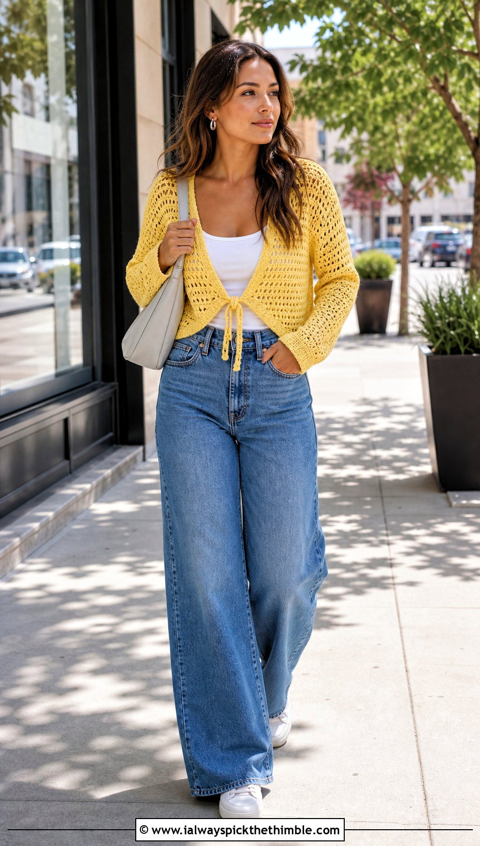 Cropped Tie Front Crochet Cardigan With Wide Leg Jeans - 20 wrap crochet cardigan outfit ideas