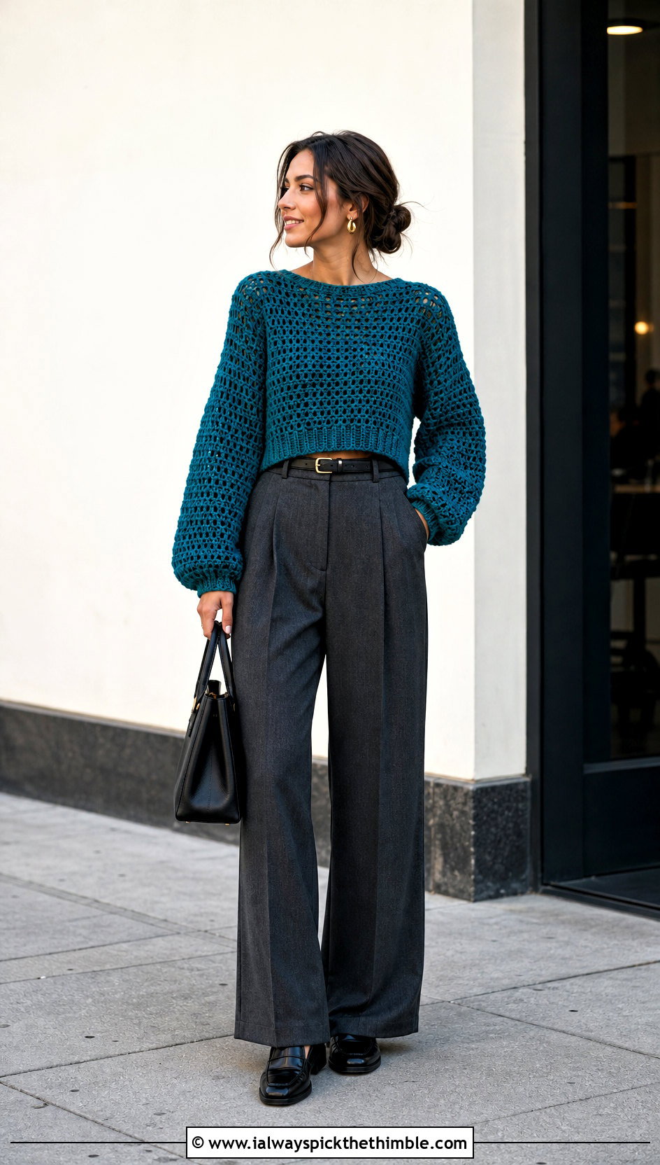 Cropped Top Down Crochet Sweater With Wide Leg Trousers - 15 Easy Top Down Crochet Sweater outfit ideas