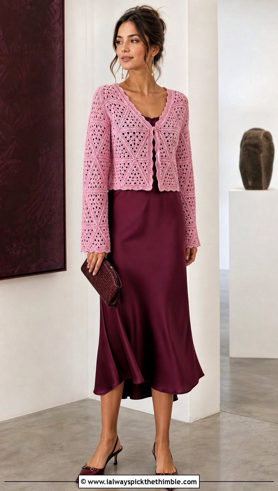 Cropped Triangle Motif Crochet Sweater With Satin Midi Skirt - 15 triangle crochet sweater outfit ideas
