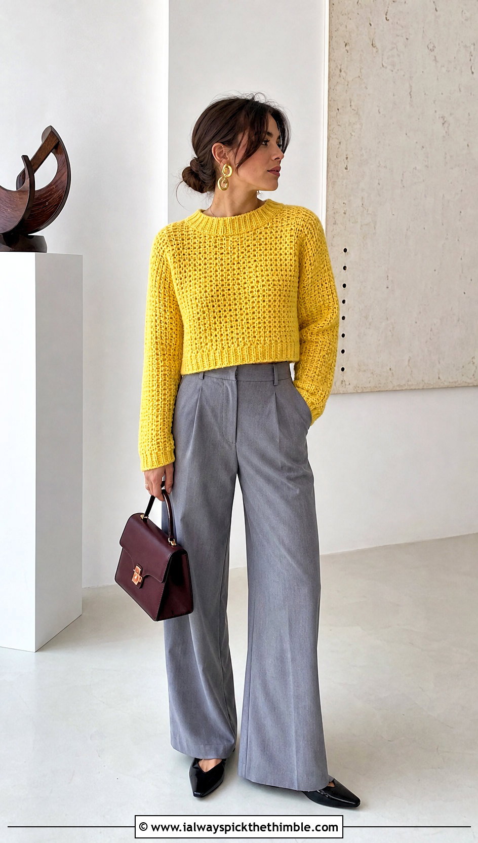 Cropped Tunisian Honeycomb Jumper With Wide Leg Trousers - 20 tunisian crochet jumper outfit ideas