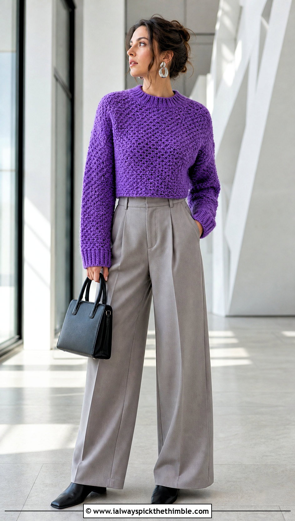 Cropped Tunisian Seed Stitch Sweater With Wide Leg Trousers - 25 tunisian crochet sweater outfit ideas