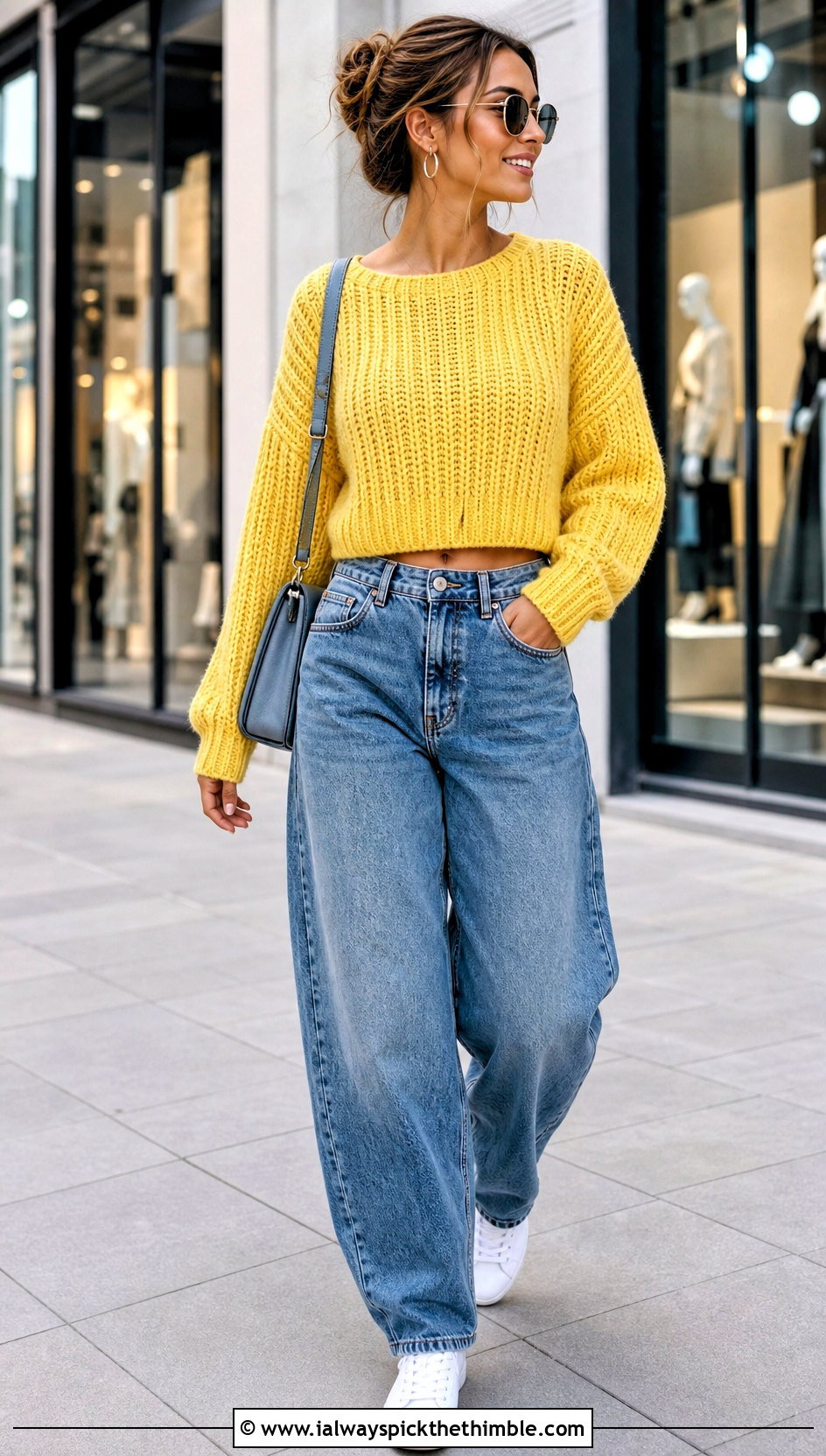 Cropped Tunisian Simple Stitch Sweater With Barrel Jeans - 20 Tunisian Crochet Clothing and outfit ideas