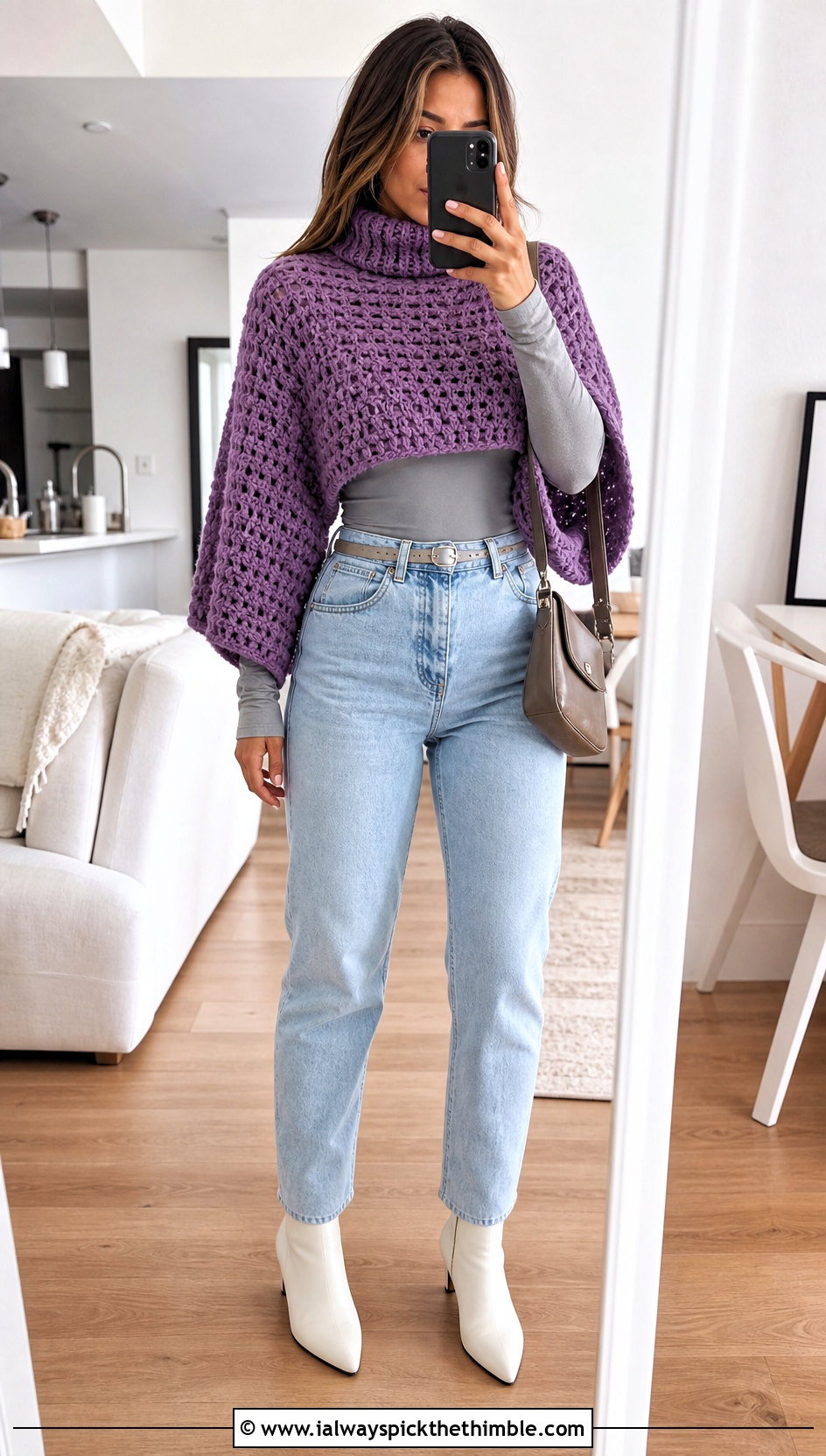 Cropped Turtle Neck Crochet Poncho With High Waisted Jeans - 20 Turtle Neck Crochet Poncho outfit ideas