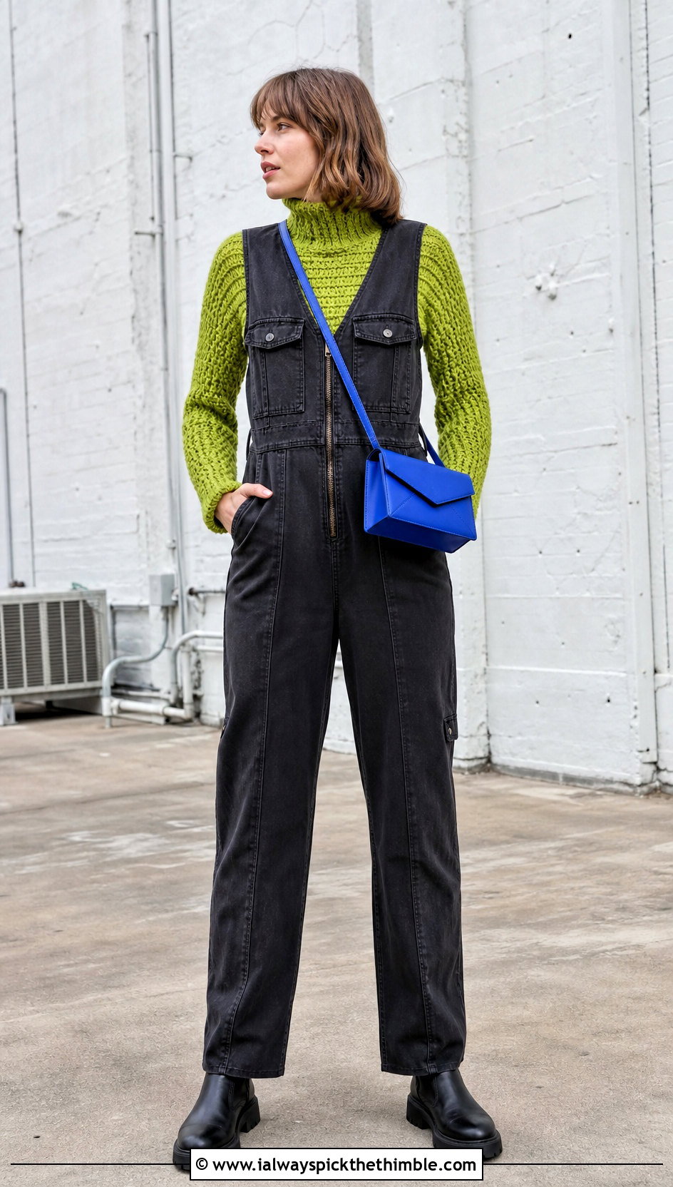 Cropped Turtleneck Green Crochet Sweater With Utility Jumpsuit - 25 green crochet sweater outfit ideas
