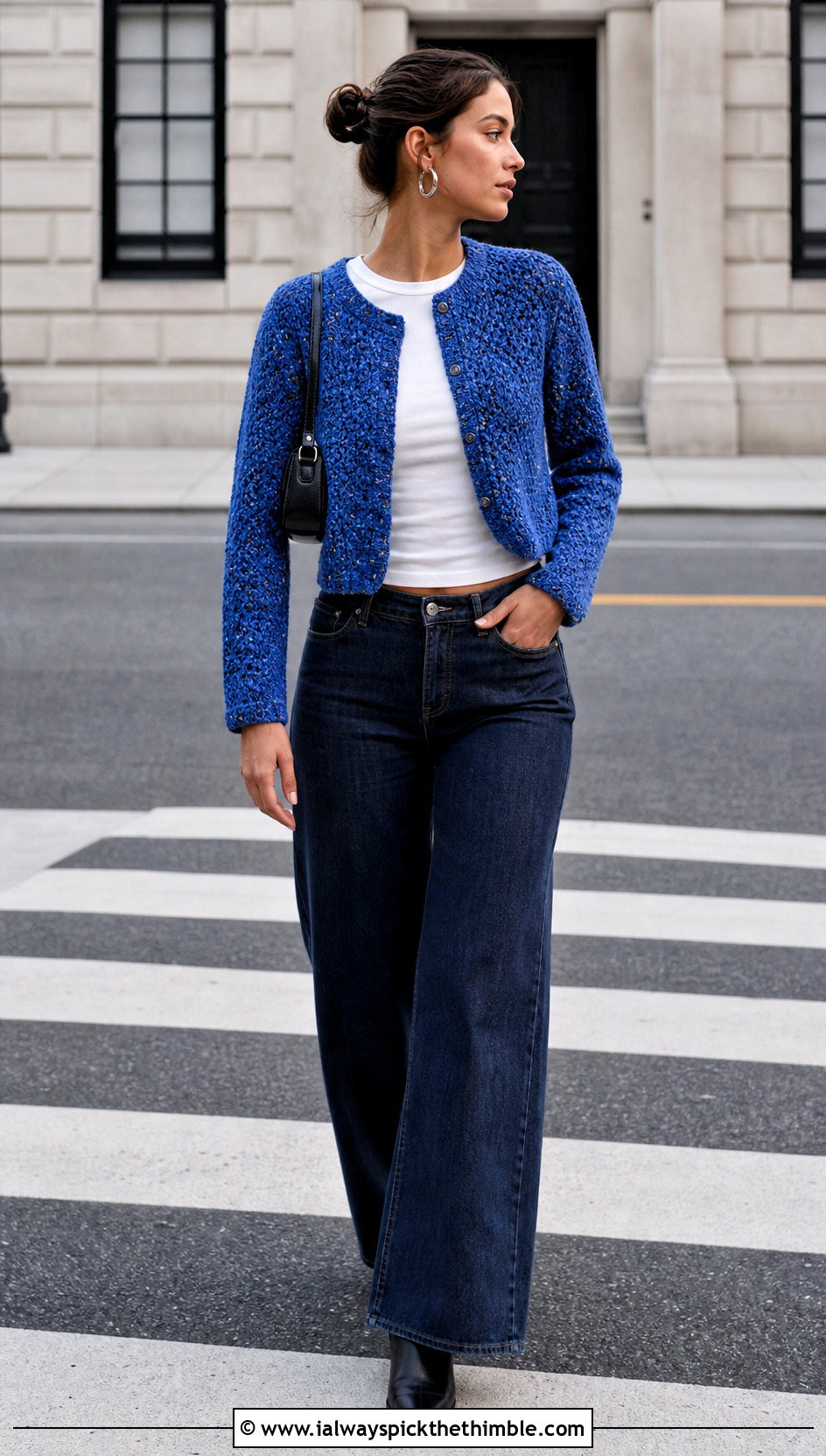 Cropped Tweed Crochet Cardi With Wide Leg Jeans - 15 tweed crochet cardi outfit ideas