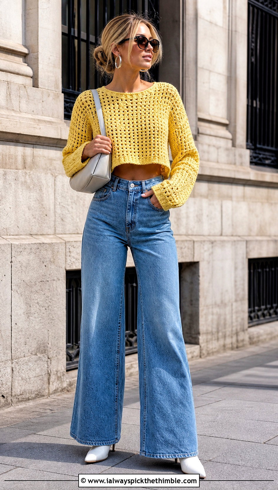 Cropped Two Rectangle Crochet Sweater With Wide Leg Jeans - 15 Rectangle Crochet Sweater outfit ideas