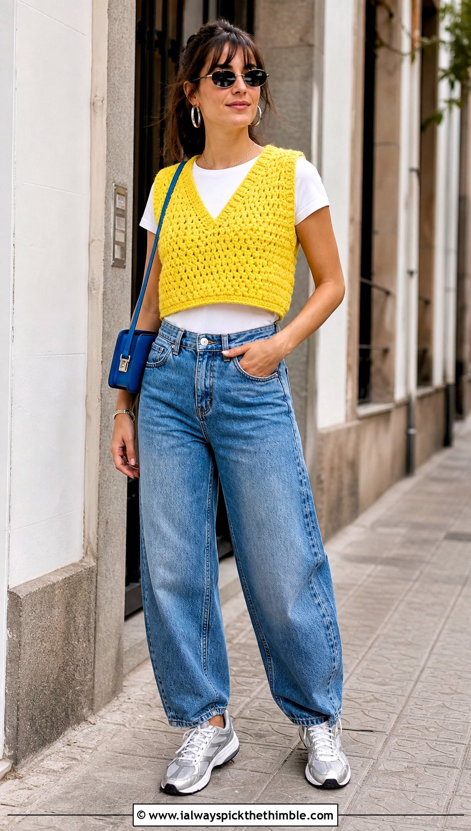 Cropped V Neck Chunky Crochet Vest With Barrel Jeans - 20 Chunky Crochet Vest outfit ideas