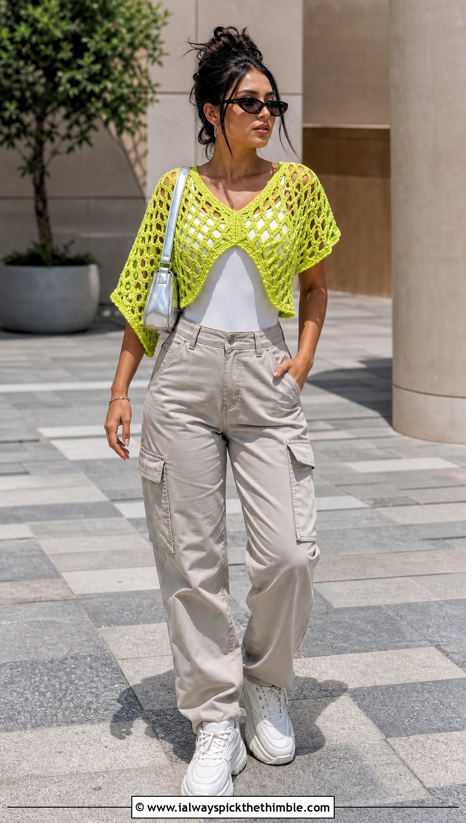 Cropped V Neck Crochet Poncho With Cargo Pants - 15 Crochet Womens Poncho outfit ideas