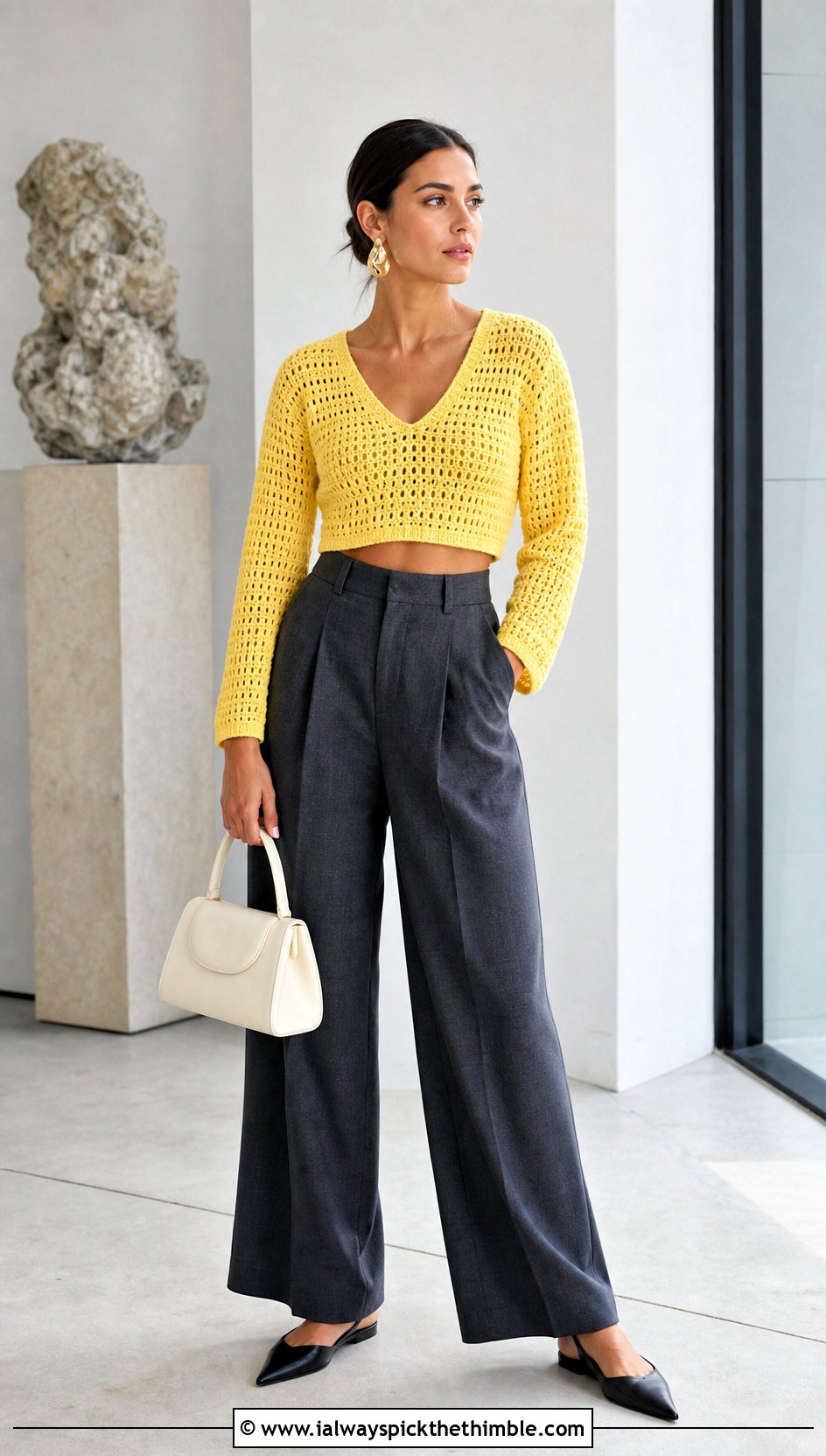 Cropped V Neck Crochet Sweater With Wide Leg Trousers - 25 v neck crochet sweater outfit ideas
