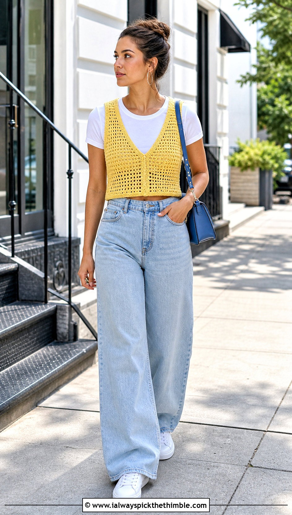 Cropped V Neck Crochet Vest With Wide Leg Jeans - 25 crochet vests outfit ideas