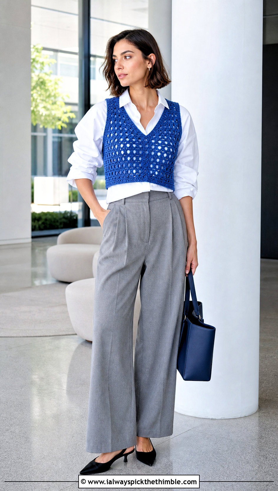 Cropped V Neck Crochet Vest With Wide Leg Trousers - 25 crochet vest outfits for women outfit ideas