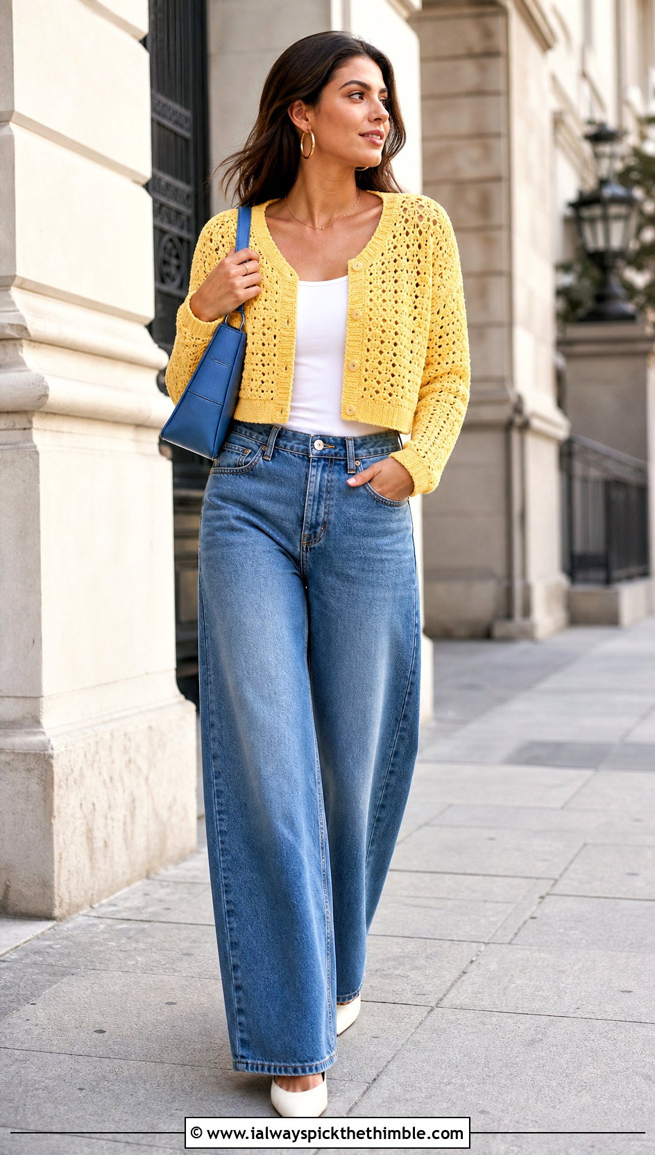 Cropped V Stitch Cardigan With Wide Leg Jeans - 20 Crochet V Stitch Cardigan outfit ideas