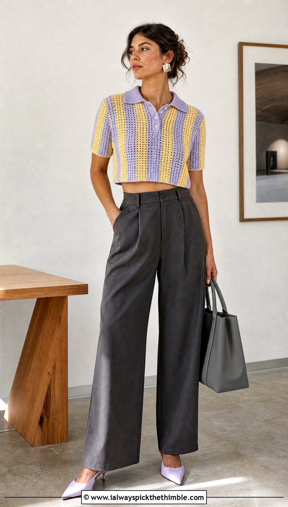 Cropped Vertical Stripe Crochet Sweater Polo With Wide Leg Trousers - 15 vertical stripe crochet sweater polo outfit ideas