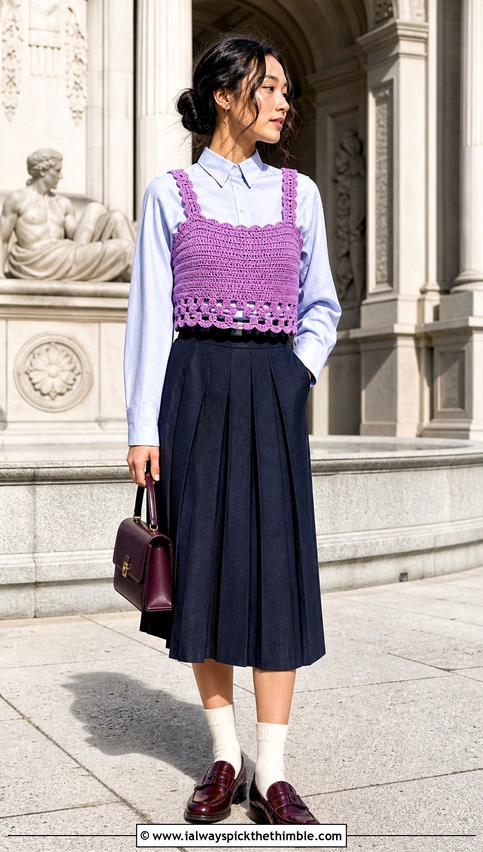 Cropped Vest Crochet Harness Top With Pleated Skirt - 15 Crochet Harness Top outfit ideas